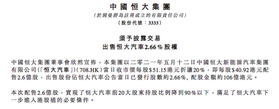 中国恒大拟出售恒大汽车2.66%的股权配股金额约106亿港元